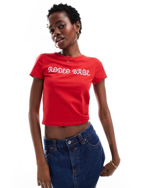 Monki shrunken t-shirt in red with rodeo babe front print - view 1