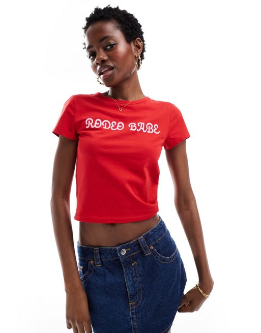 Monki shrunken t-shirt in red with rodeo babe front print