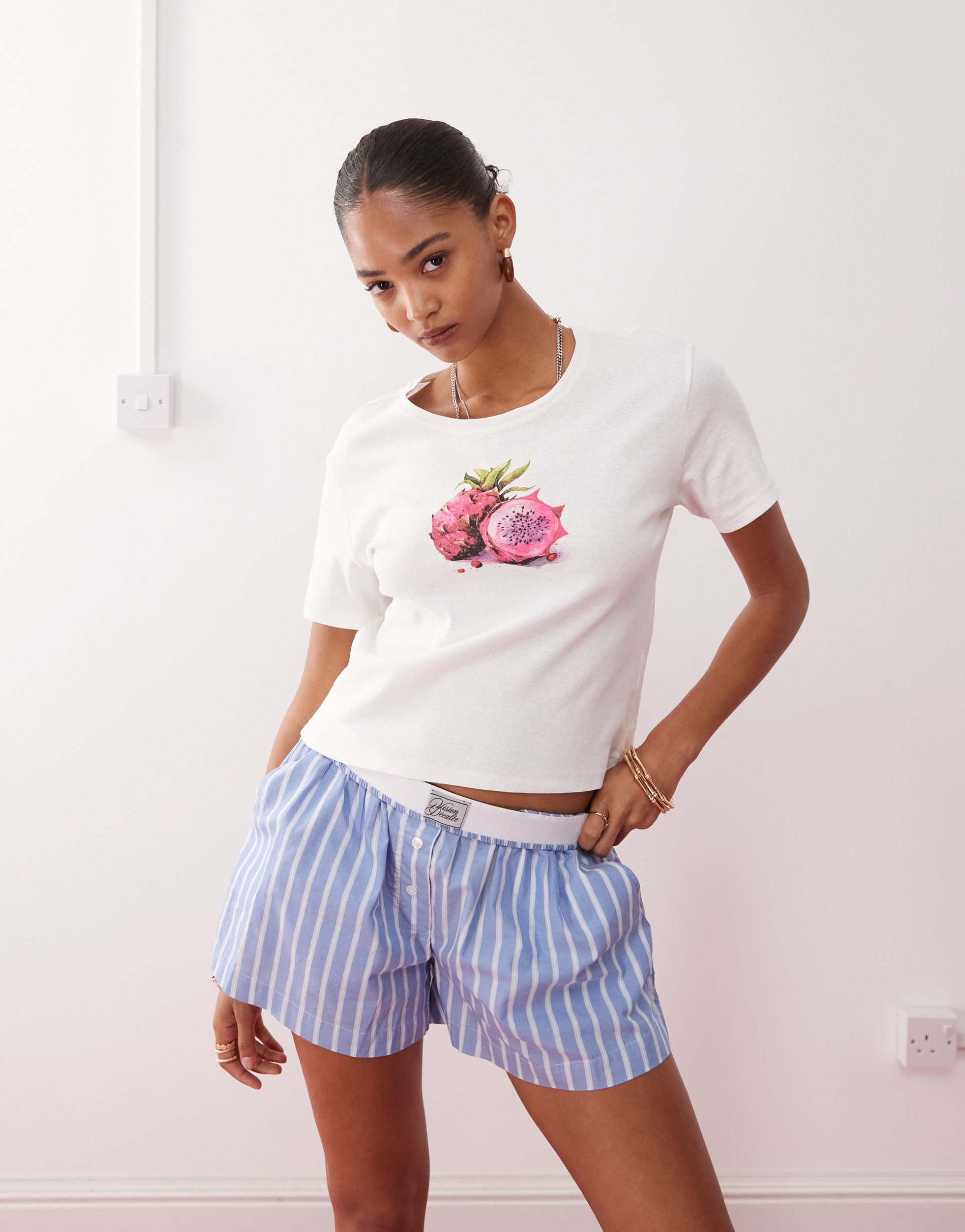 monki shrunken t-shirt in white with dragon fruit print