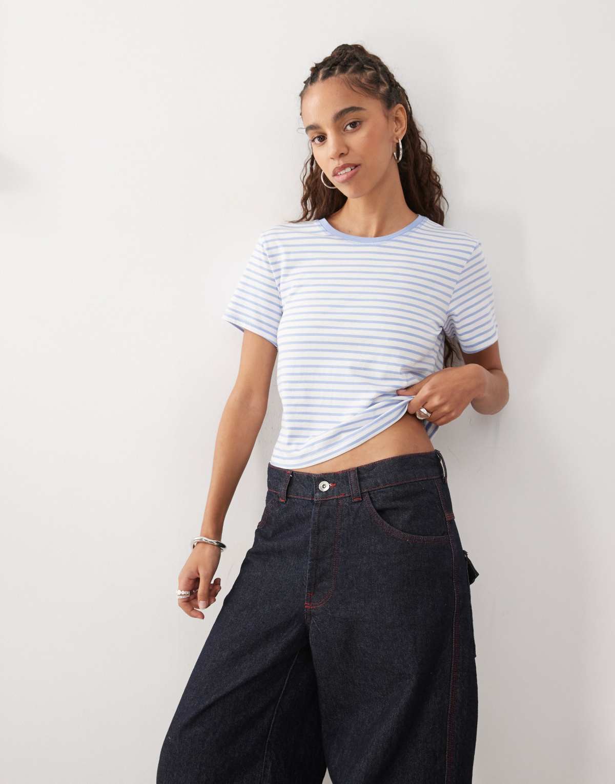 Monki shrunken tee in blue and white stripe