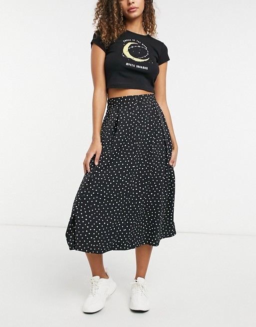 Monki Sigrid button down midi skirt in black spot print