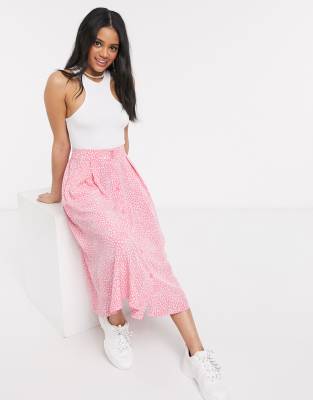 pink monki midi sigrid asos dot skirt button through