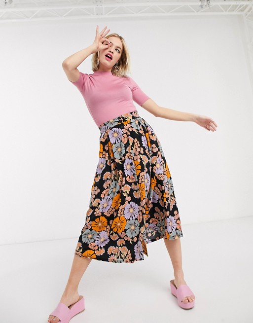 Monki Sigrid floral print button through midi skirt in multi