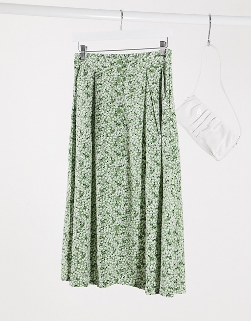 Monki Sigrid floral print midi skirt in green