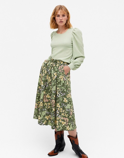 Monki Sigrid leaf print midi skirt in green