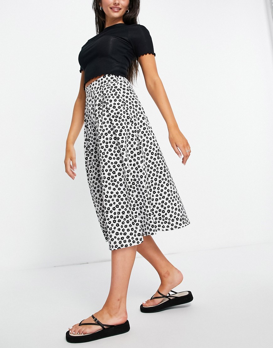 Monki Sigrid recycled polyester button front spot print skirt in black and white-Neutral