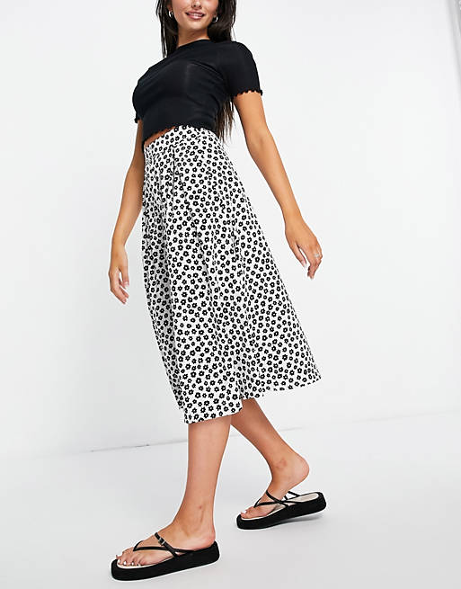 Monki Sigrid polyester button front spot print skirt in black and white - BEIGE