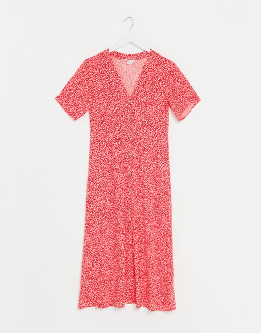 Monki Silena floral print button through midi dress in red | ASOS
