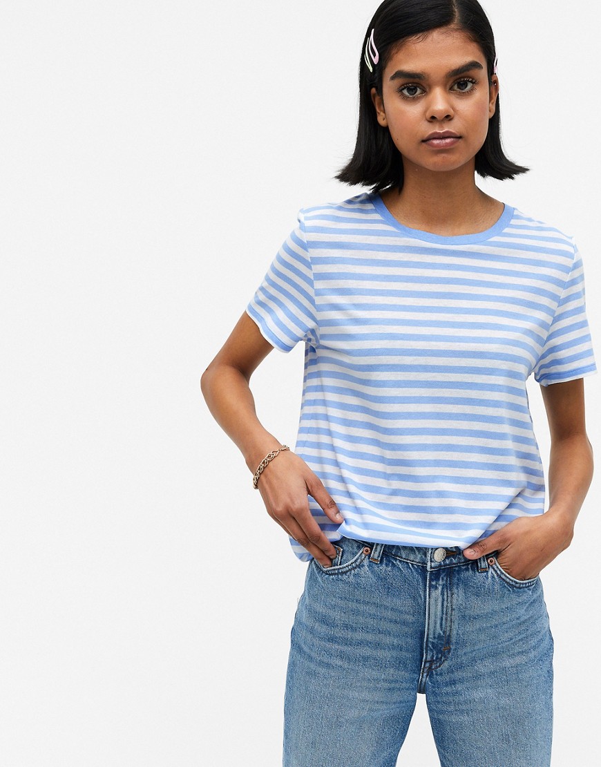 Monki Simba organic cotton striped t-shirt in blue and white-Blues