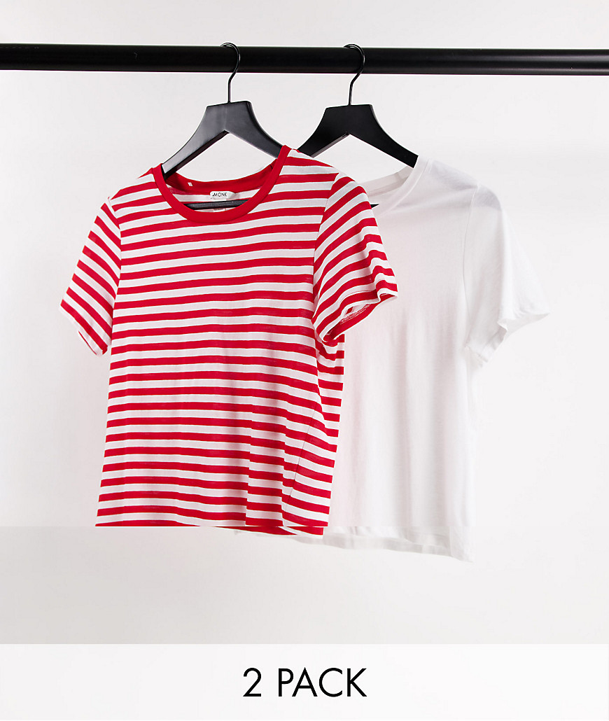 Monki - Simba - Set van 2 T-shirts van biologisch katoen in rood gestreept en effen