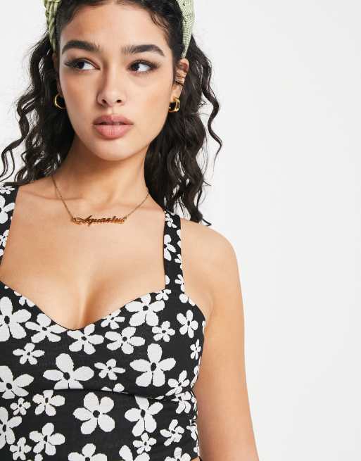 Monki - Singlet top in zwart bloemenjacquard