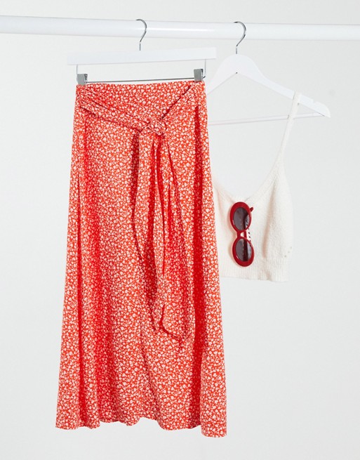 Monki Sissel tie waist floral print midi skirt in red