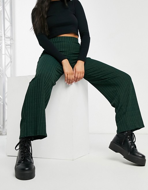 Monki Sissela rib wide leg jersey trouser in green