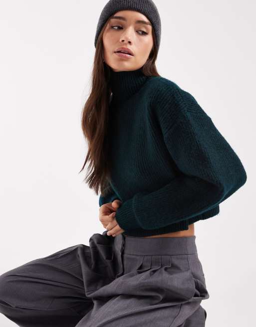 Monki – Skogsgrön, ribbstickad tröja i kort design, 2 av 4