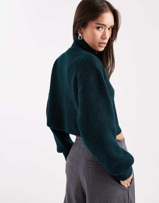 Monki – Skogsgrön, ribbstickad tröja i kort design, 3 av 4