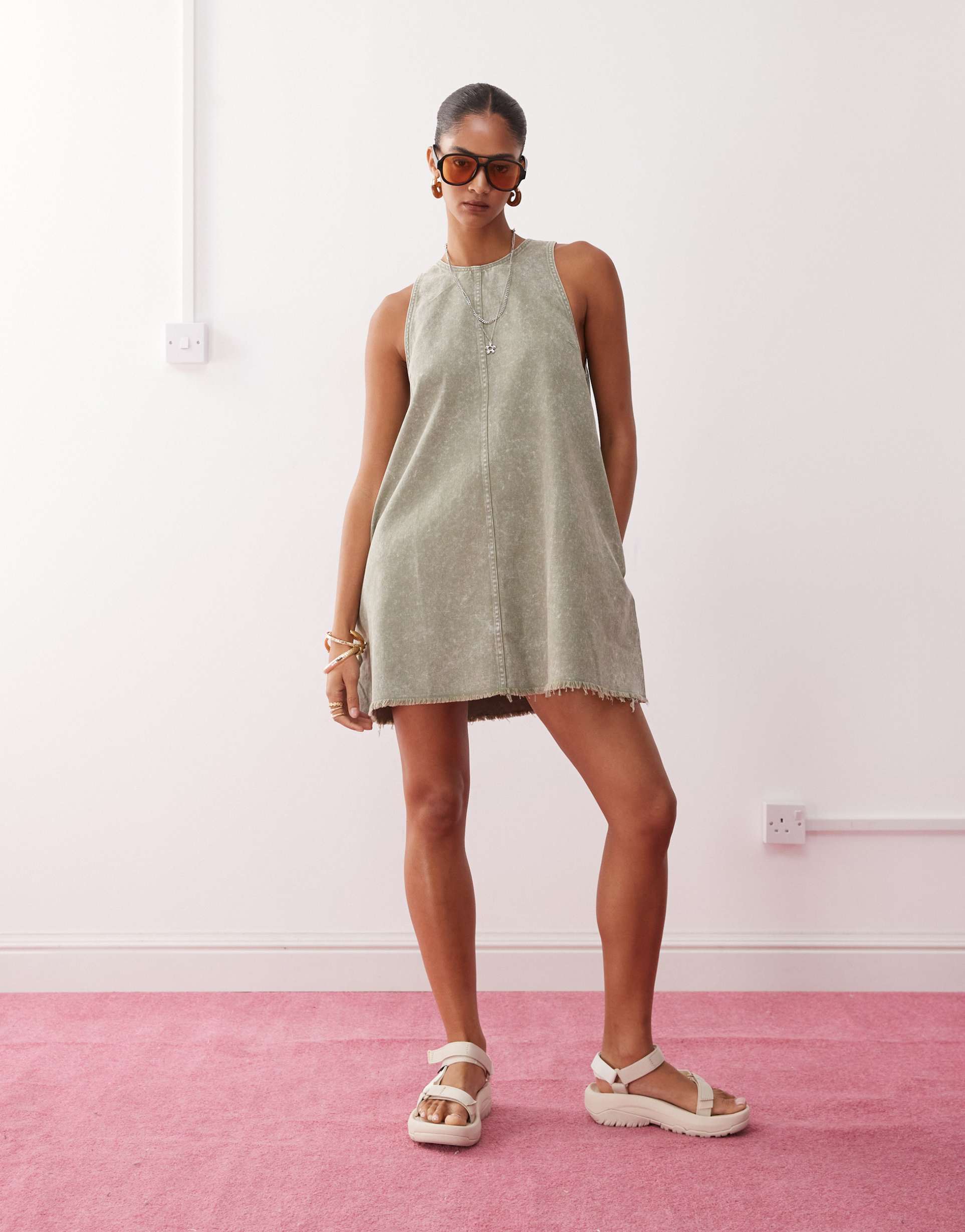 monki sleeveless a line mini dress with frayed edge in khaki green