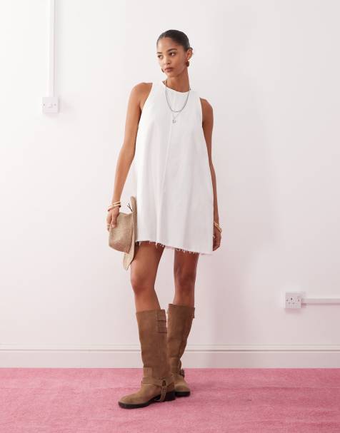 Monki sleeveless a line mini dress with frayed edge in white - view 1