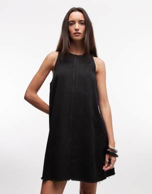 Monki Sleeveless A-line Mini Dress With Frayed Edges In Black