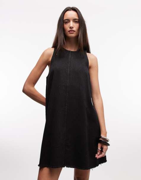 Monki sleeveless a-line mini dress with frayed edges in black - view 1