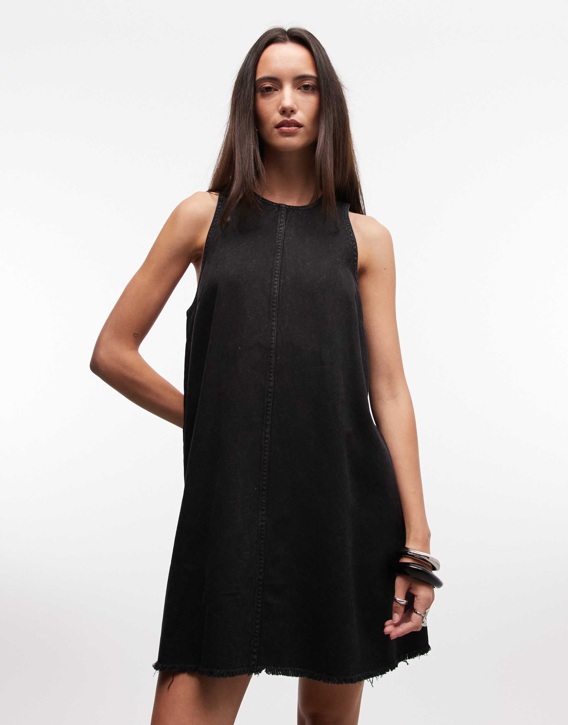 monki sleeveless a-line mini dress with frayed edges in black