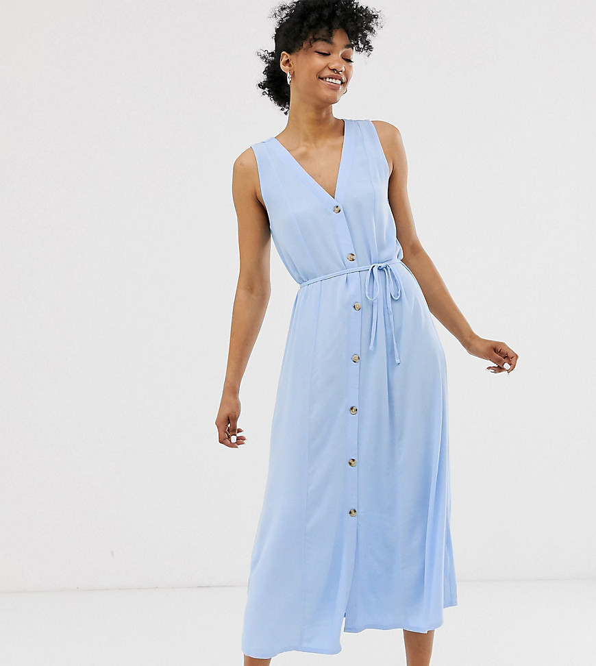 Monki sleeveless button through midi dress in blue