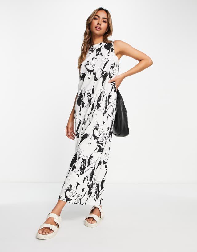 Monki sleeveless maxi dress in black and beige swirl print