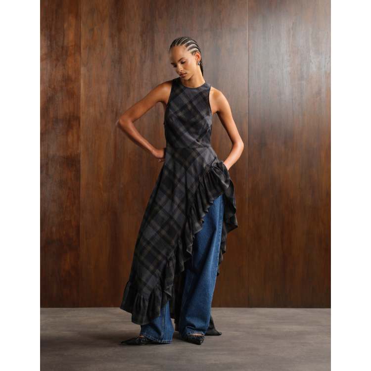 lace up plaid asymmetrical dress Monki sleeveless maxi with asymmetric ruffle hem in dark gray print it offers a unique Garment Fit:A-LINE COLOR:Dark Green White Silk Backless Maxi Womens dresses