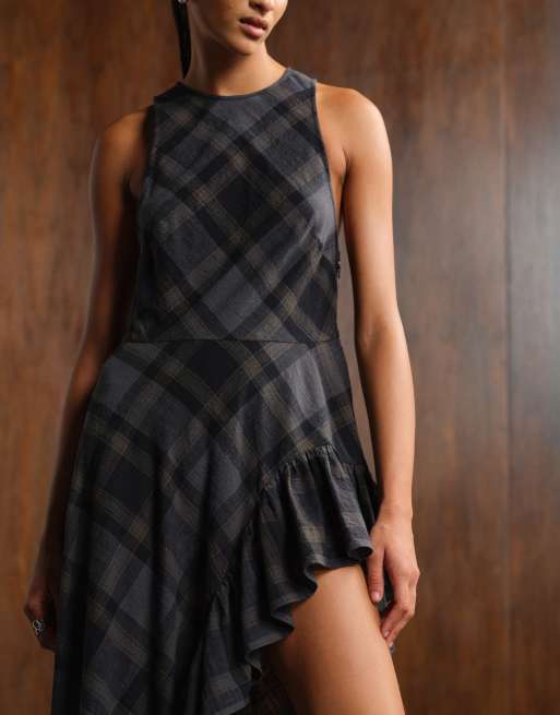 navy blue dress for baby girl Women Lace Up Plaid Asymmetrical Dress O-Neck main image 0
