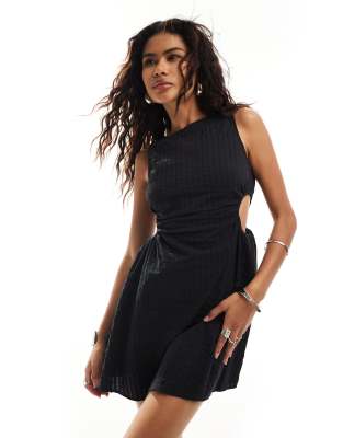 Monki sleeveless mini seersucker dress with ruched sides and cut out detail in black