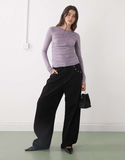 Monki - Slim-fit doorschijnende top met gerimpelde voorkant in lila, 2 van 4