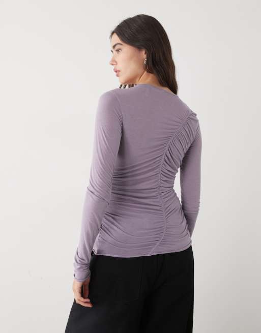 Monki - Slim-fit doorschijnende top met gerimpelde voorkant in lila, 4 van 4