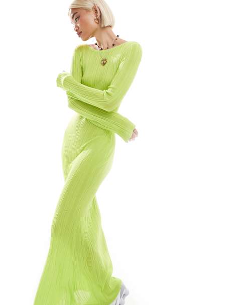 Monki - Slim-fit gebreide maxi jurk met lange mouwen in limoengroen - view 1