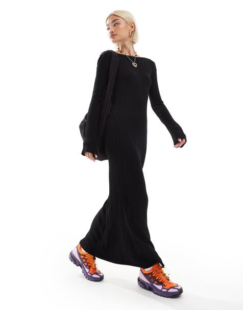 Monki - Slim-fit gebreide maxi jurk met lange mouwen in zwart - view 1