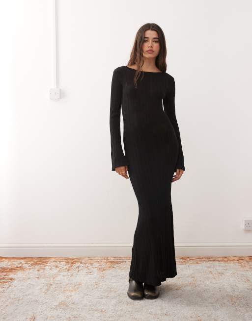 Monki Slim-fit gebreide maxi jurk met lange mouwen in zwart ASOS