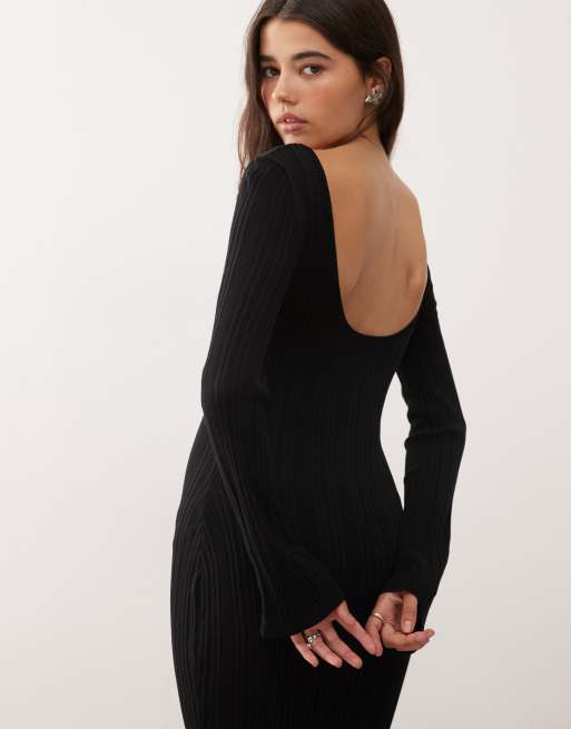 Monki - Slim-fit gebreide maxi jurk met lange mouwen in zwart, 4 van 4