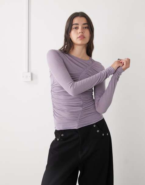 Monki slim fit sheer top with front detail in lilac