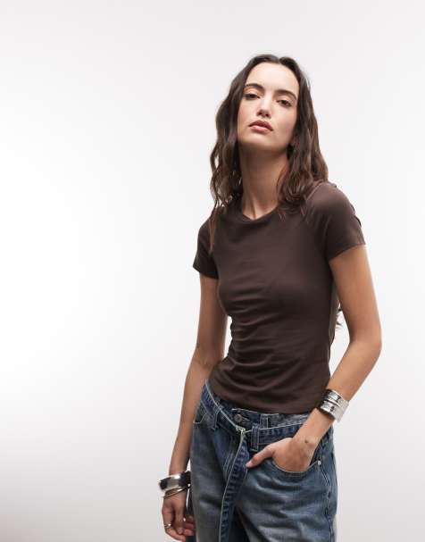 Monki slim fit T-shirt in dark brown - view 1