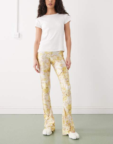 Monki slim flare pants in yellow floral - view 1