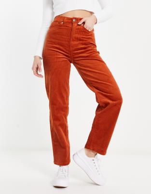 Monki slim leg corduroy pants in rust-Orange