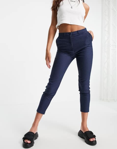 Monki slim leg houndstooth trousers in blue - view 1
