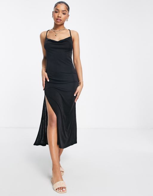 Monki slinky cross back slip dress in black | ASOS