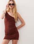 [Monki] Monki slinky one shoulder mini dress with tie detail in chocolate brown M Chocolate Brown