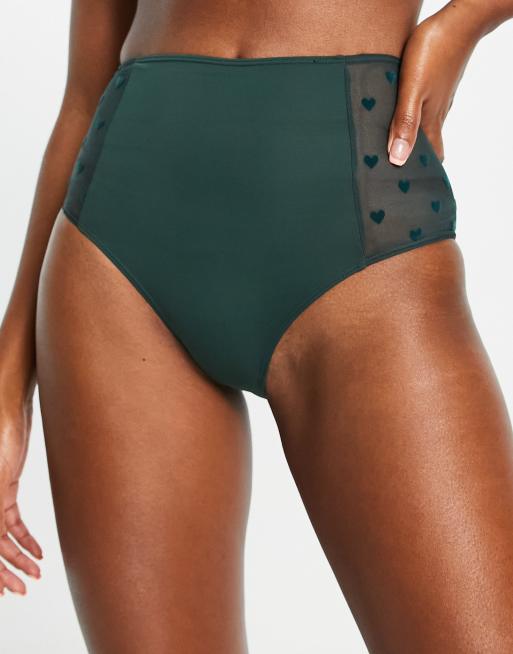 Monki – Slip aus Polyamid in Dunkelgrün mit gepunktetem Netzstoffeinsatz und hohem Bund - DGREEN, 3 von 4