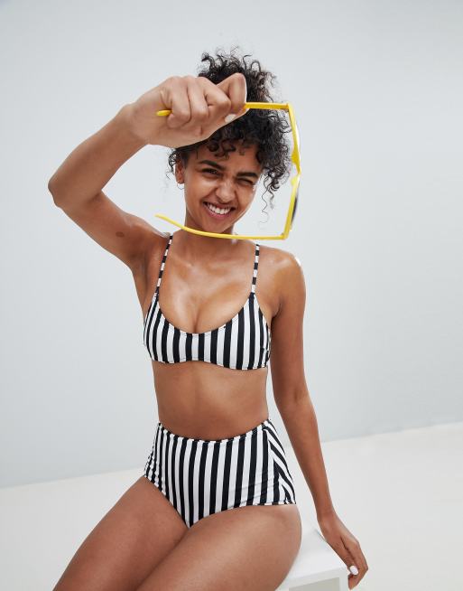 Monki - Slip bikini a vita alta a righe bianche e nere