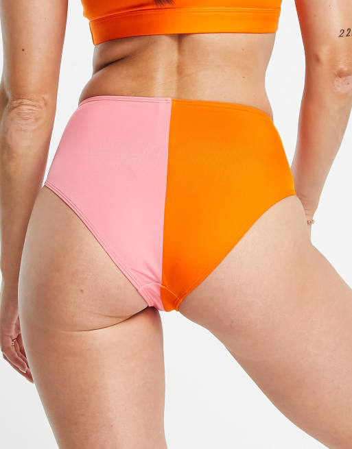 Monki - Slip bikini rosa e arancione color block, 2 di 4