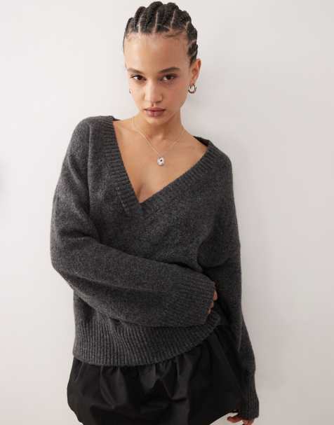 Monki slouchy v neck oversized jumper in grey  - view 1
