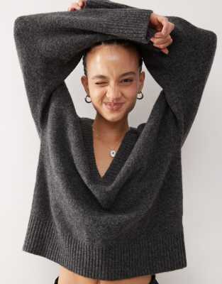 Monki Slouchy V Neck Oversized Sweater In Gray