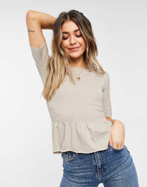 Monki Smock cotton smock T-shirt in beige - BEIGE