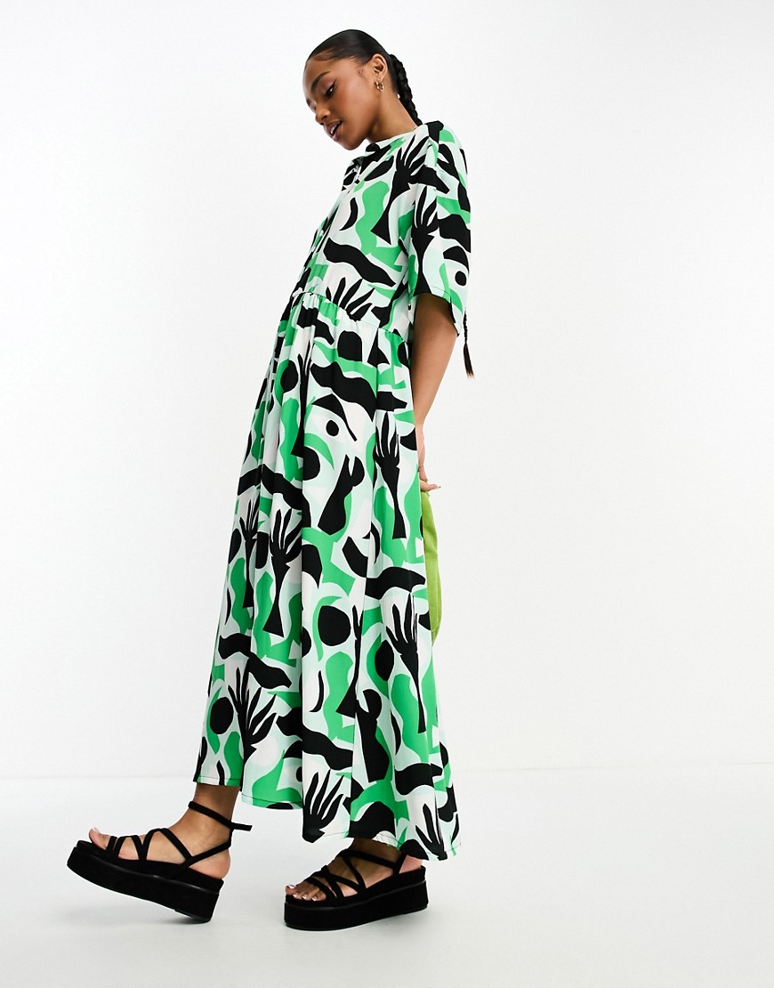 Monki smock midi dress in green abstract print