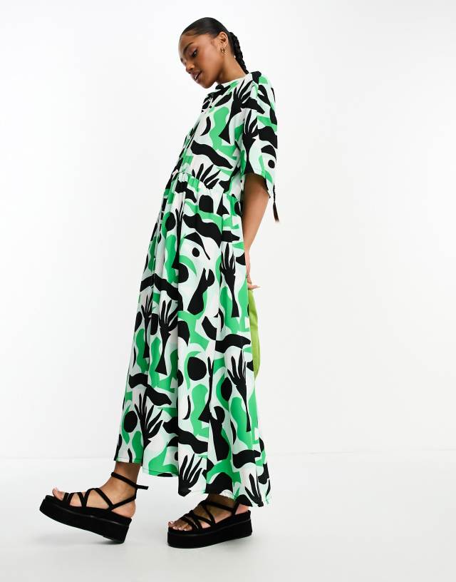 Monki - smock midi dress in green abstract print